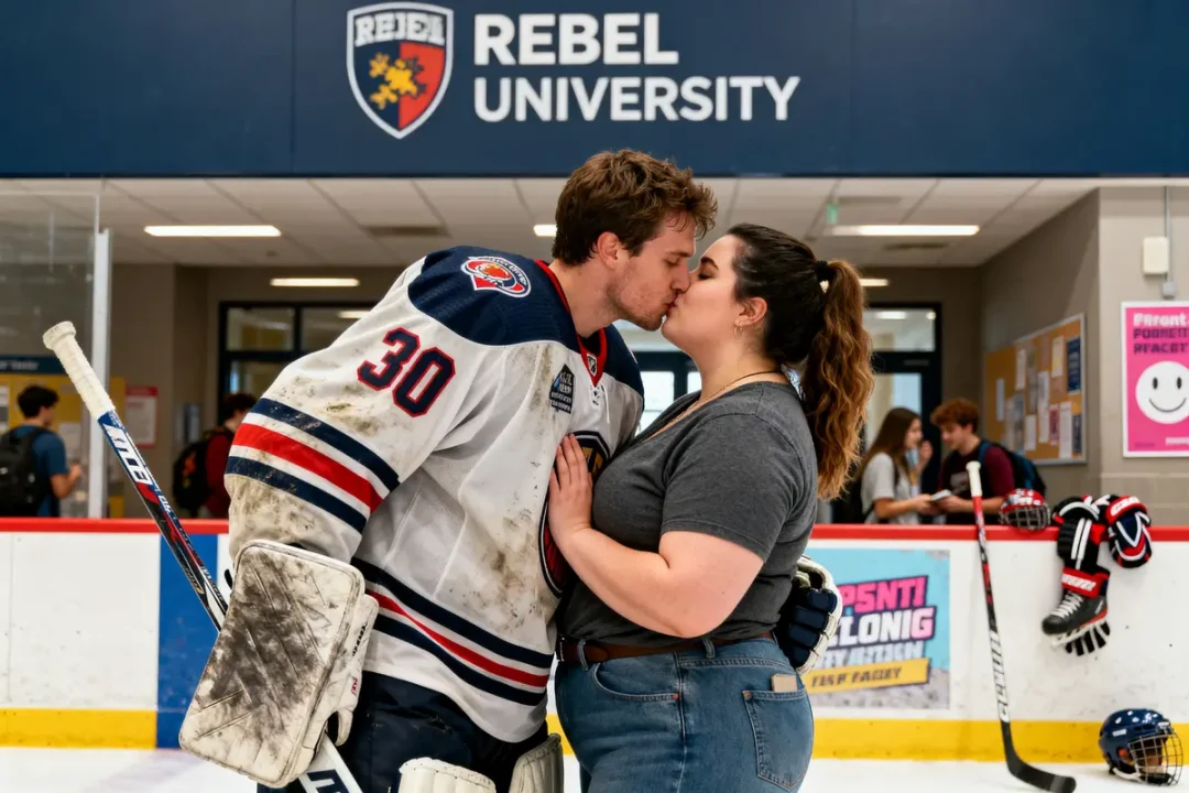 Joueur de hockey embrassant une femme devant la bannière de l'Université Rebel