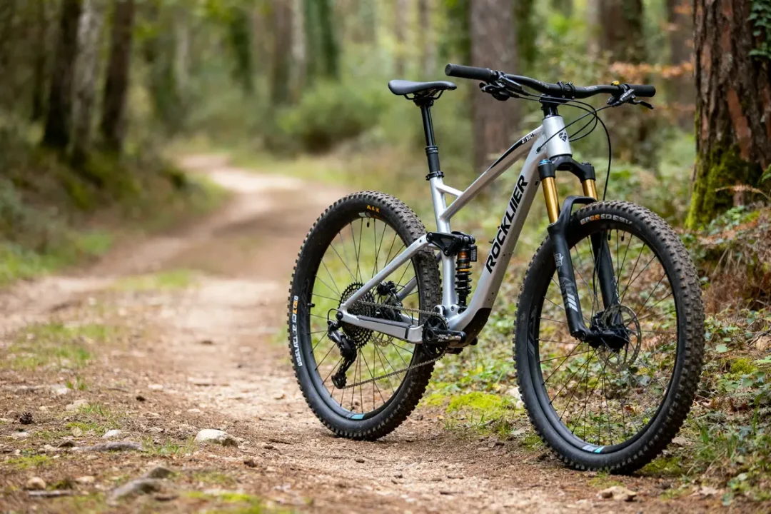 VTT Rockrider ST 530 sur sentier forestier étroit avec suspension robuste.