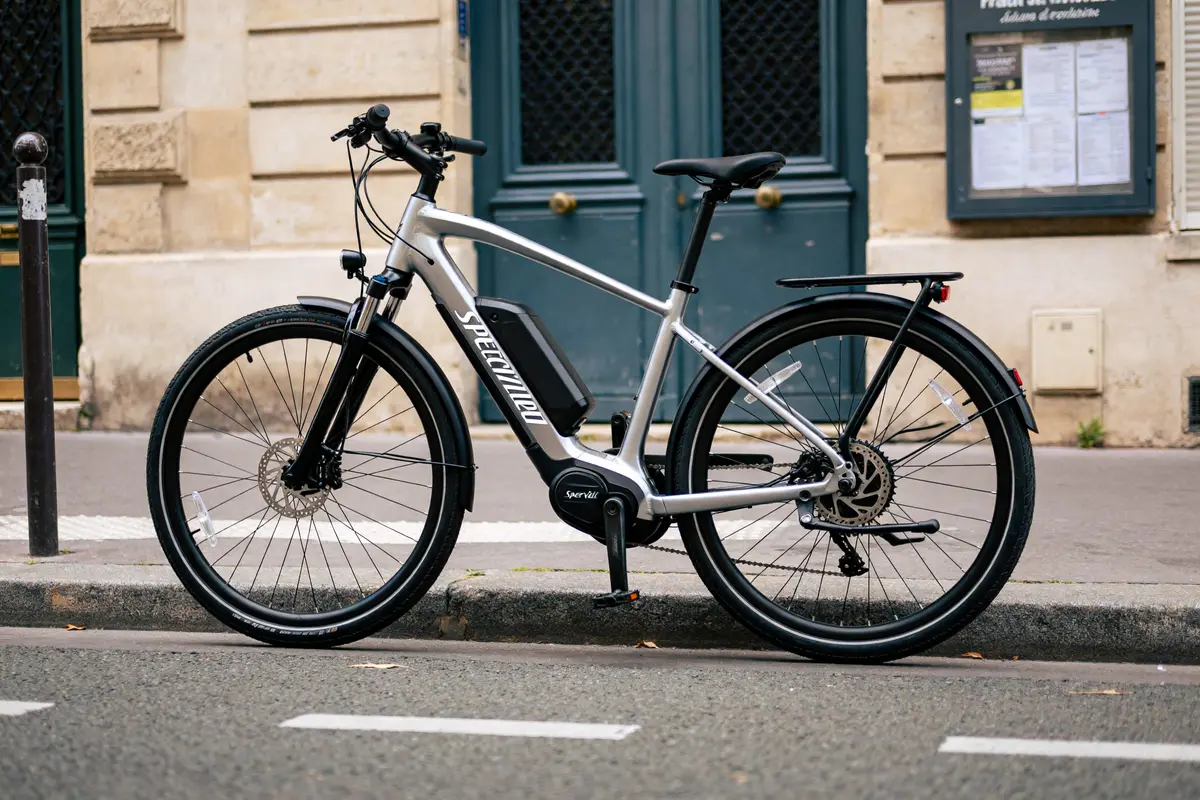 Vélo électrique Specialized Turbo Vado SL argenté stationné sur un trottoir en ville