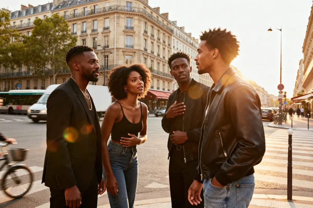 Quatre amis discutant dans une rue animée de Paris avec The Brothers.