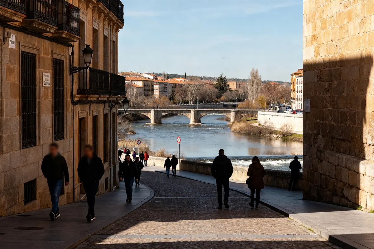 Rue piétonne avec vue sur le pont et la rivière à Valladolid