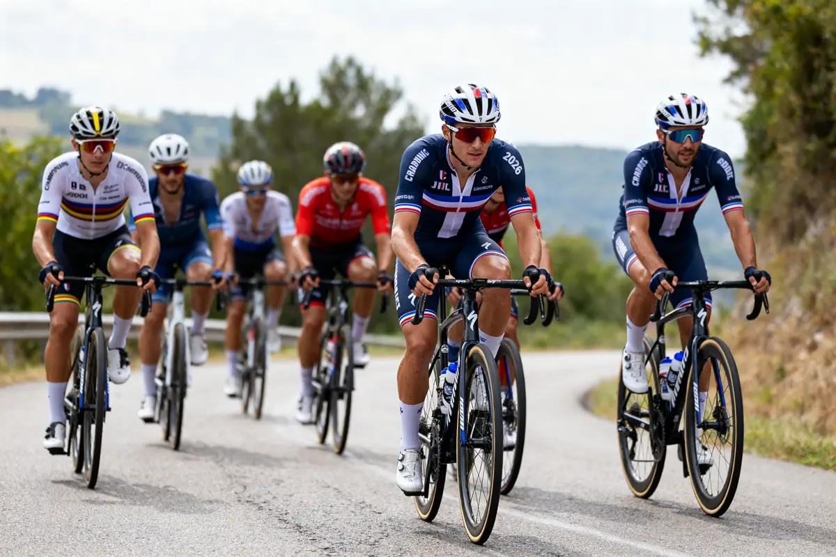 Cyclistes en course représentant les champions nationaux de vélo sur une route sinueuse.