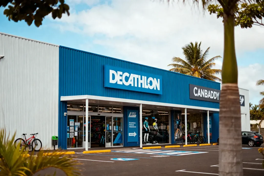 Entrée du magasin Decathlon à Saint-Pierre avec vélos et équipement sportif visible.