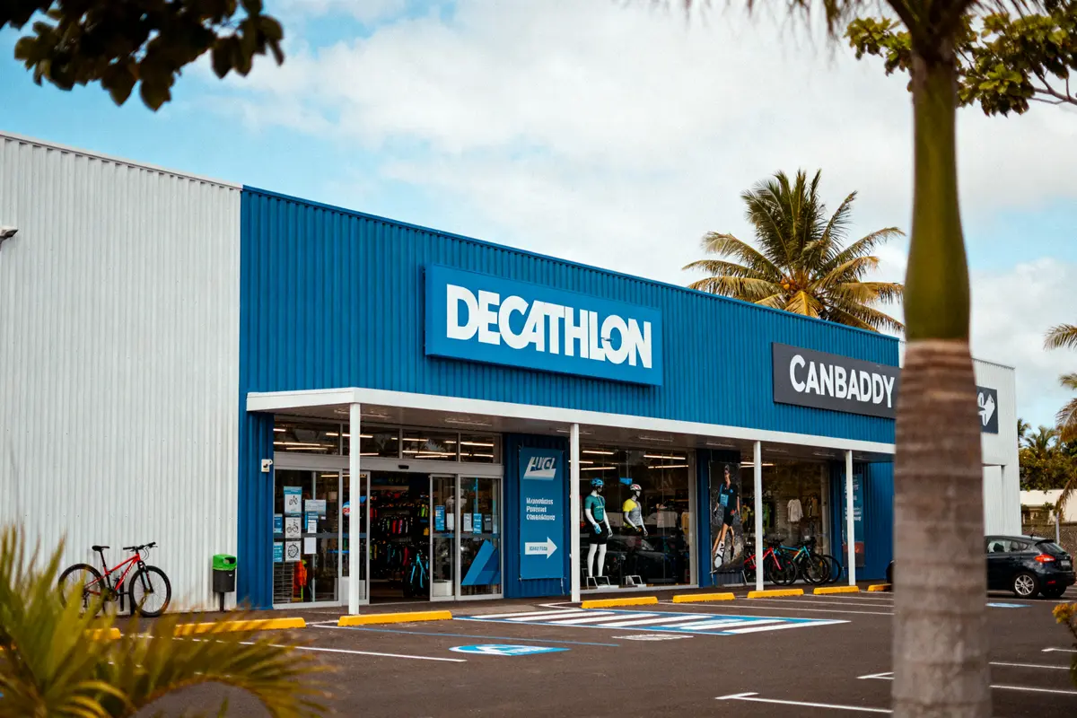 Entrée du magasin Decathlon à Saint-Pierre avec vélos et équipement sportif visible.
