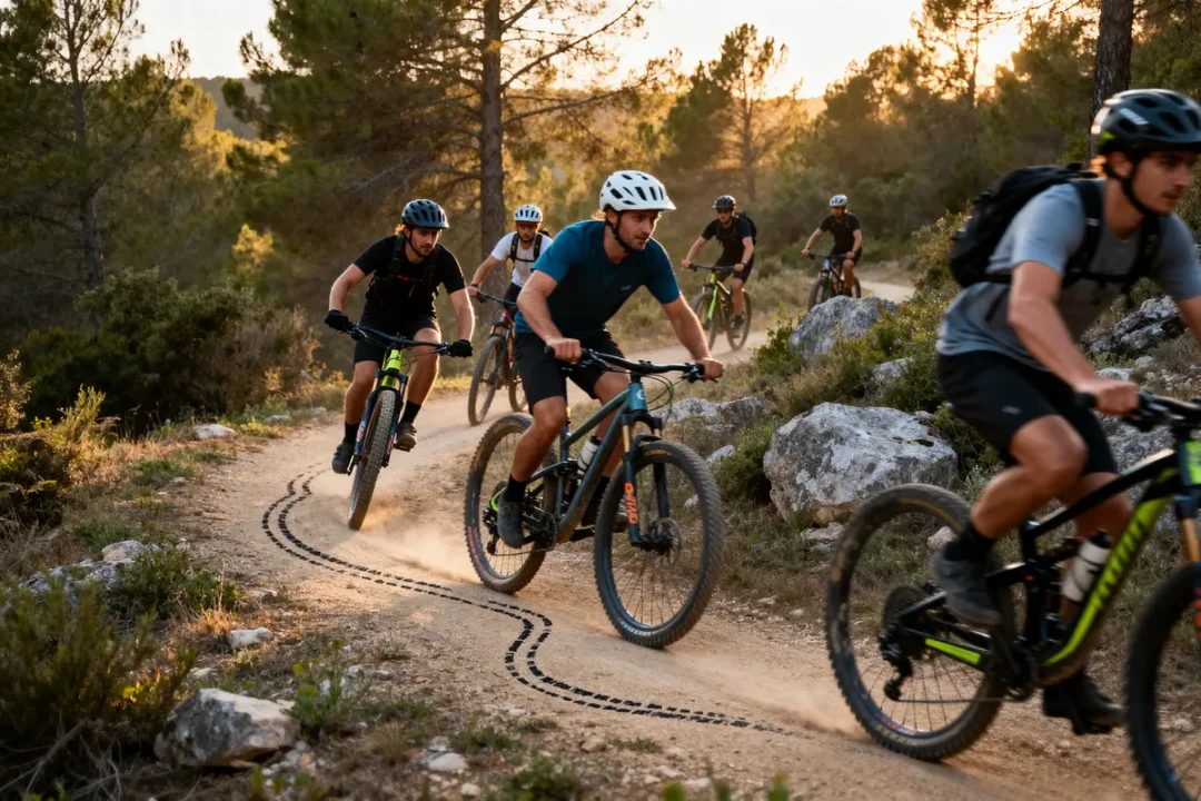 Cyclistes en forêt lors d'une rando VTT sur sentier poussiéreux au coucher du soleil
