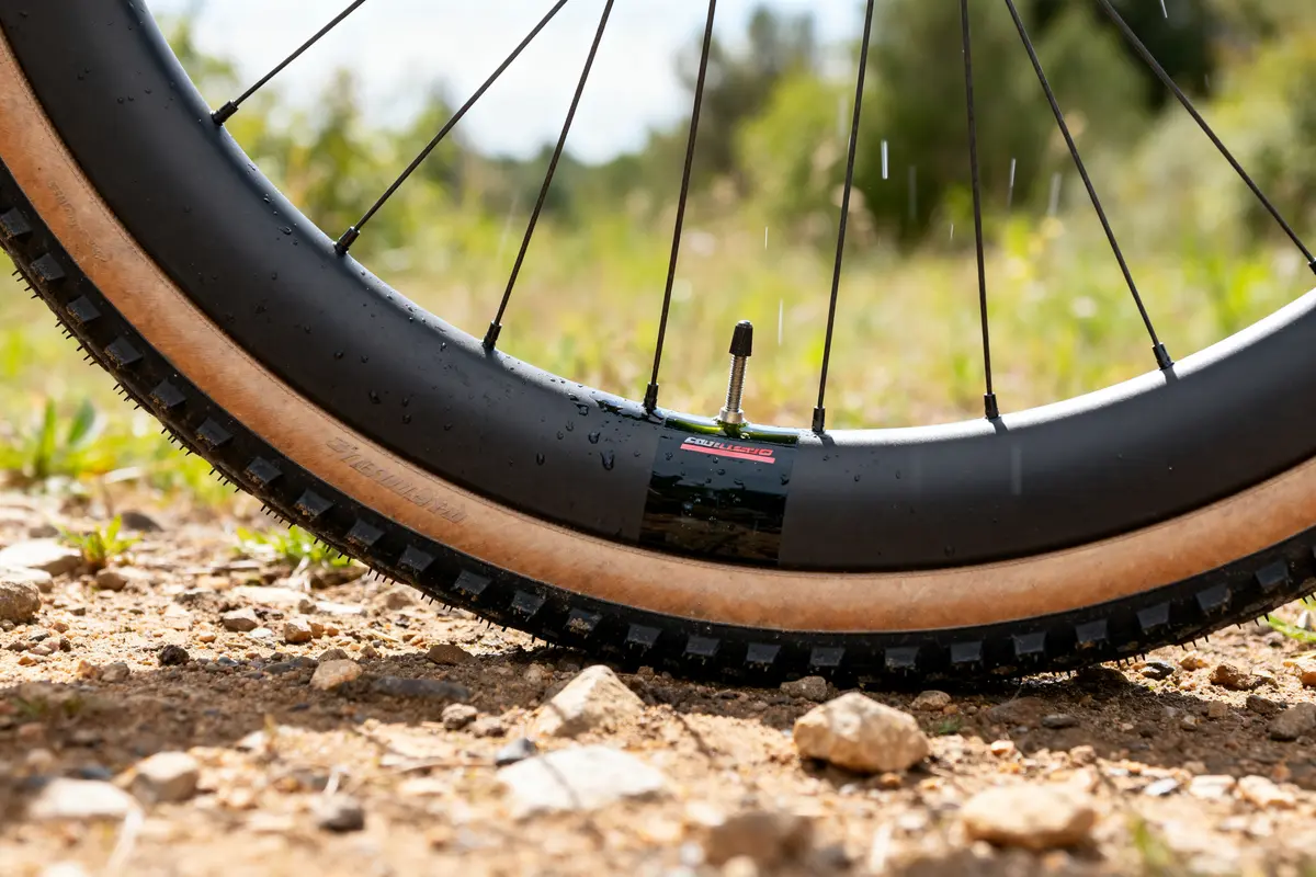Roue de vélo sur chemin terreux équipée d'un pneu tubeless pour randonnées tout-terrain
