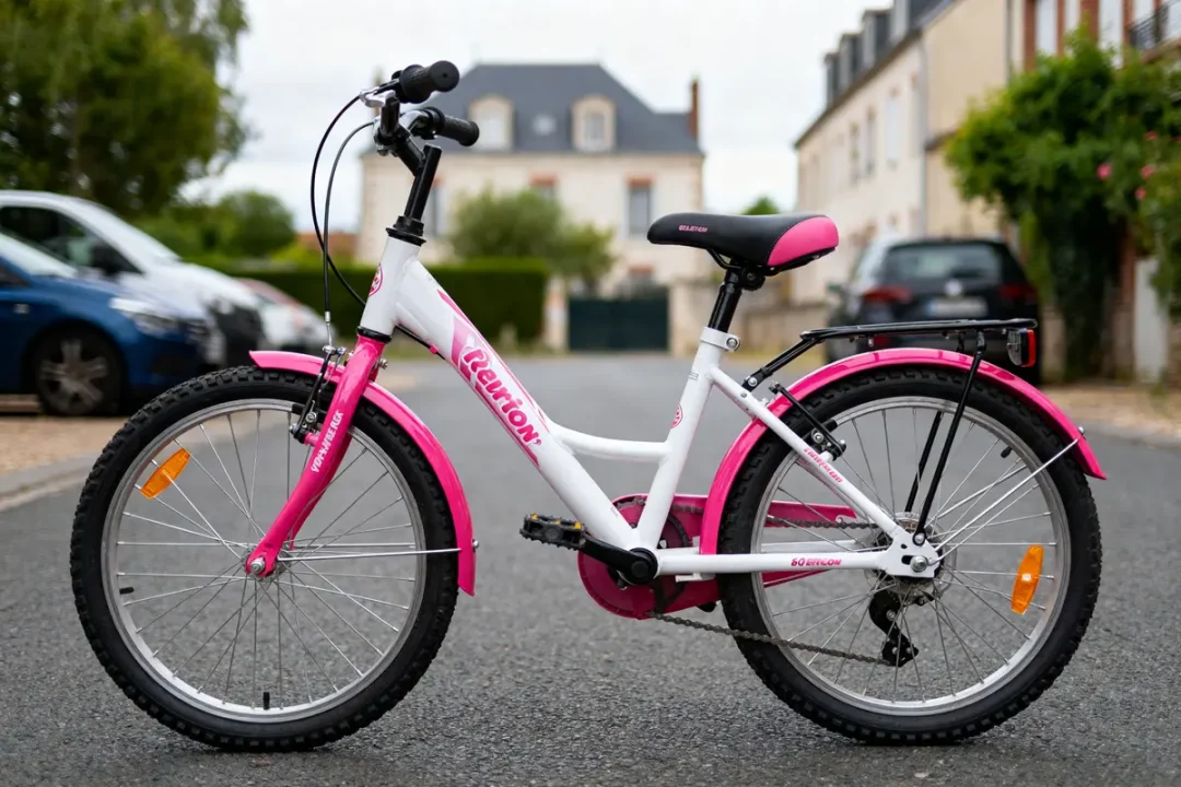 Vélo 20 pouces pour enfant, adapté à l'âge, avec cadre rose et blanc.