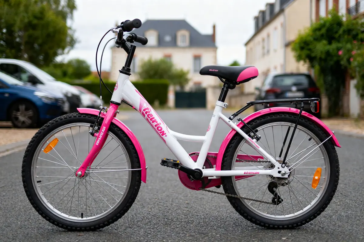 Vélo 20 pouces pour enfant, adapté à l'âge, avec cadre rose et blanc.