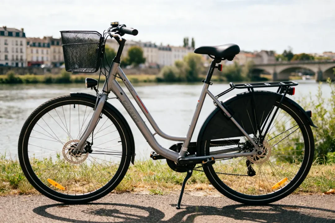 Vélo Riverside gris stationné devant une rivière avec bâtiments en arrière-plan