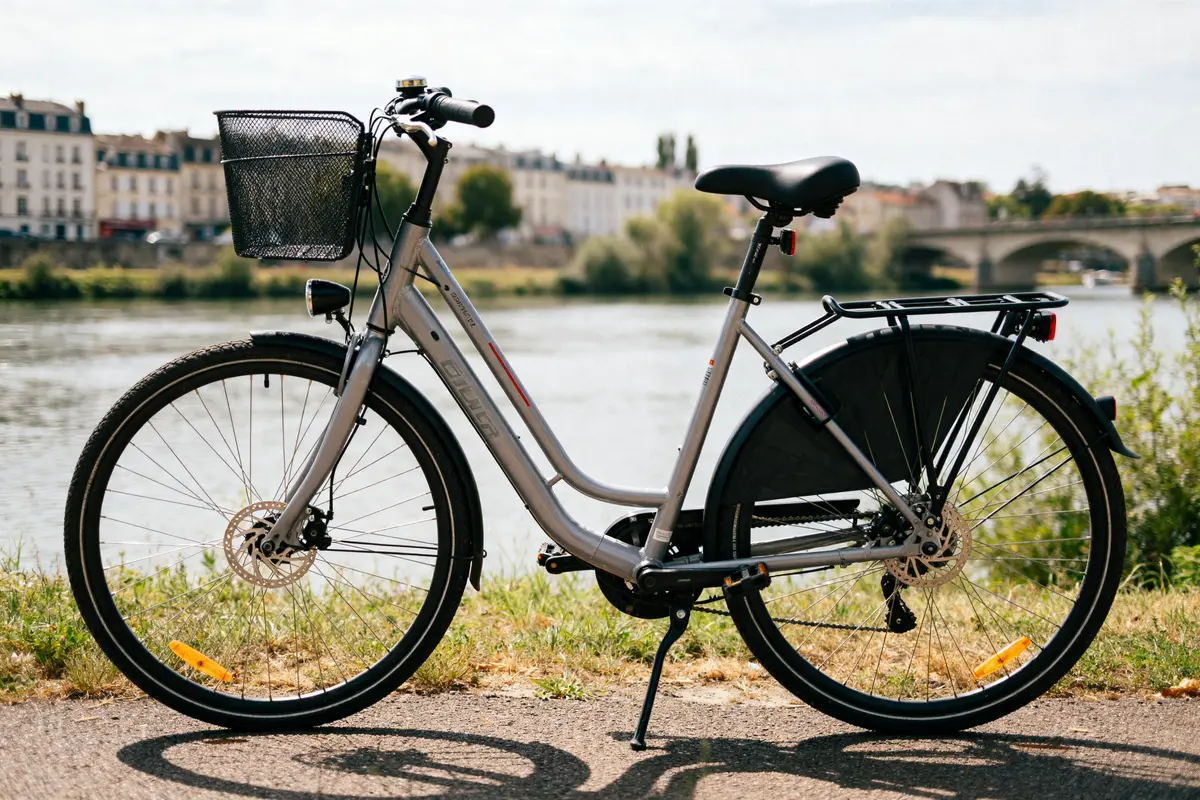 Vélo Riverside gris stationné devant une rivière avec bâtiments en arrière-plan