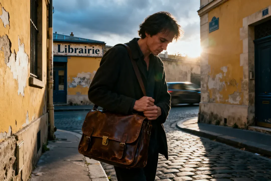 Homme pensif avec sac en cuir devant librairie au crépuscule, évoquant nostalgie et réflexion.