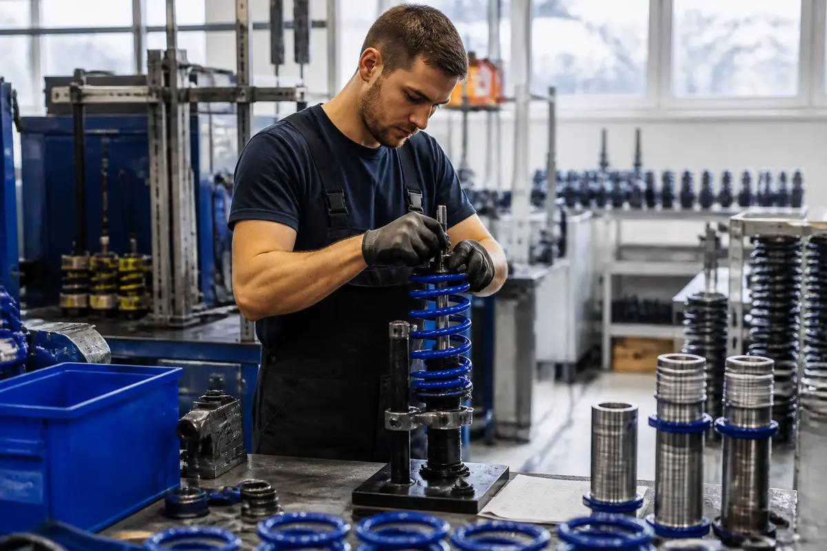 Ouvrier assemblant ressort dans usine pour améliorer ressources humaines et techniques industrielles